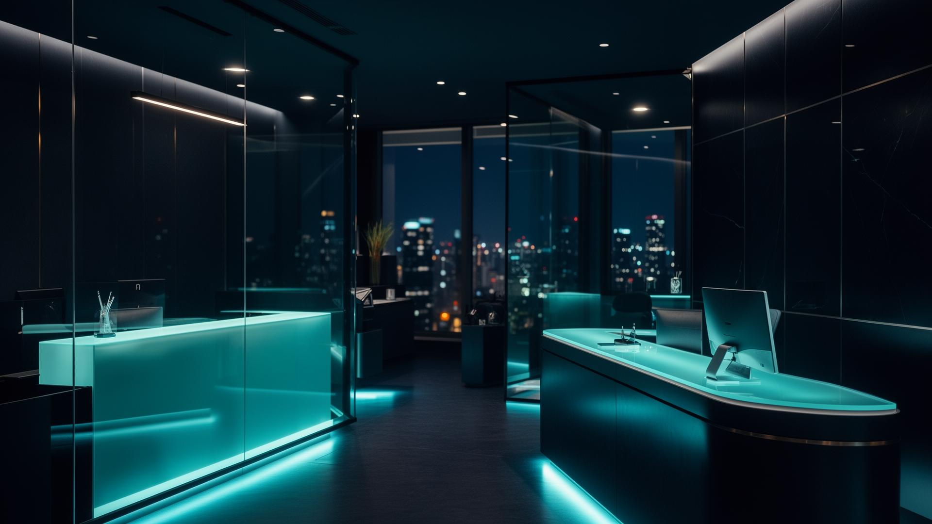 Modern premium dental clinic at night with teal lighting